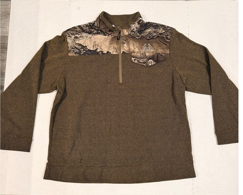 Realtree Mens XL Camo Hunting Pullover 1/4 Zip Long Sleeve Brown Outdoor Shirt
